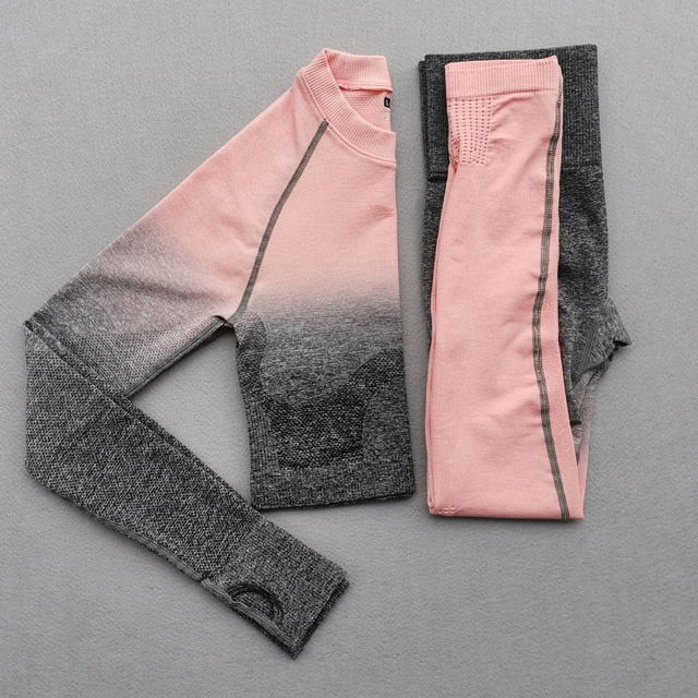Women Yoga Set Gym Clothing Ombre Seamless Gradient Leggings+Long sleeve Top Workout Sport Suit Women Fitness Set Active Wear-9