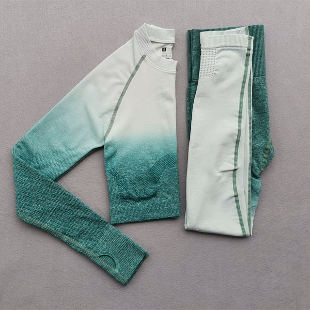 Women Yoga Set Gym Clothing Ombre Seamless Gradient Leggings+Long sleeve Top Workout Sport Suit Women Fitness Set Active Wear-20