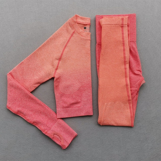 Women Yoga Set Gym Clothing Ombre Seamless Gradient Leggings+Long sleeve Top Workout Sport Suit Women Fitness Set Active Wear-21