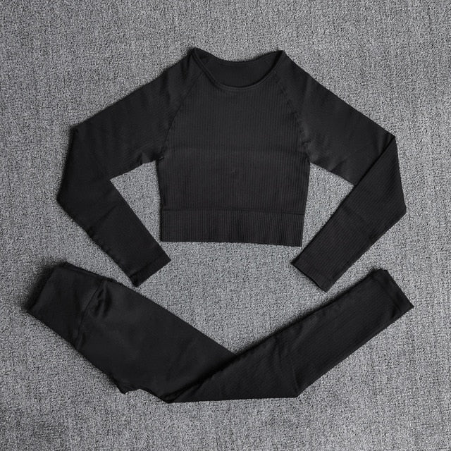 Women&#39;s Sportswear Yoga Set Workout Clothes Athletic Wear Sports Gym Legging Seamless Fitness Bra Crop Top Long Sleeve Yoga Suit-11