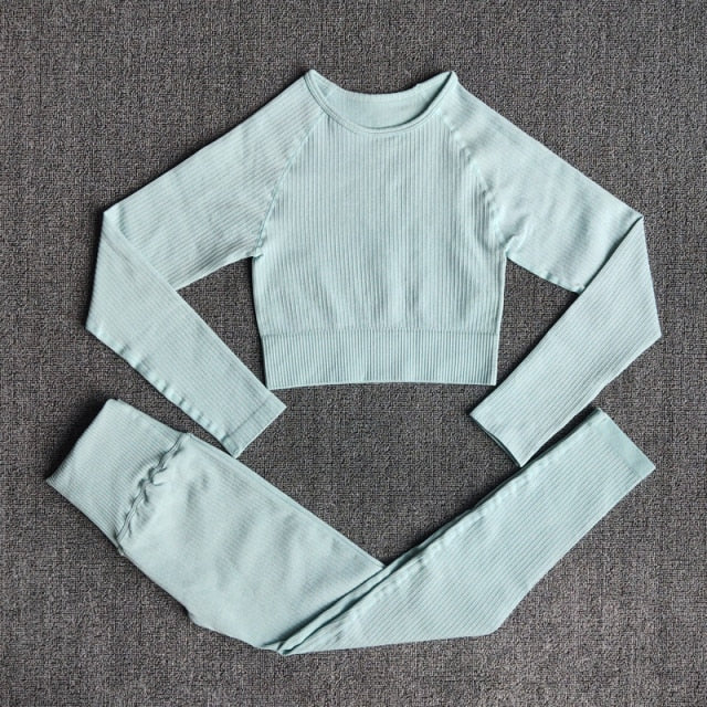 Women&#39;s Sportswear Yoga Set Workout Clothes Athletic Wear Sports Gym Legging Seamless Fitness Bra Crop Top Long Sleeve Yoga Suit-12