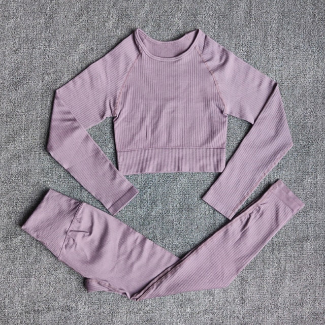 Women&#39;s Sportswear Yoga Set Workout Clothes Athletic Wear Sports Gym Legging Seamless Fitness Bra Crop Top Long Sleeve Yoga Suit-14