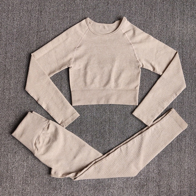 Women&#39;s Sportswear Yoga Set Workout Clothes Athletic Wear Sports Gym Legging Seamless Fitness Bra Crop Top Long Sleeve Yoga Suit-15