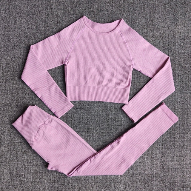 Women&#39;s Sportswear Yoga Set Workout Clothes Athletic Wear Sports Gym Legging Seamless Fitness Bra Crop Top Long Sleeve Yoga Suit-18