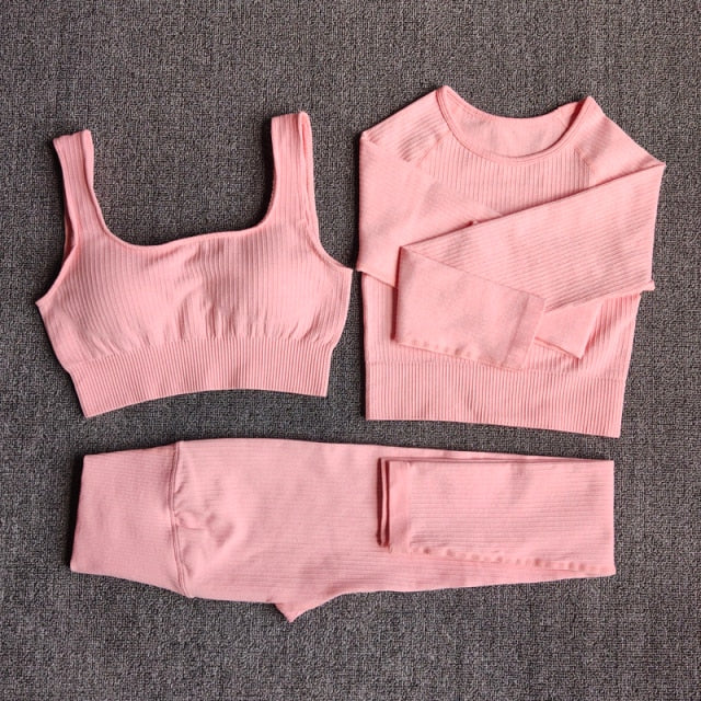 Women&#39;s Sportswear Yoga Set Workout Clothes Athletic Wear Sports Gym Legging Seamless Fitness Bra Crop Top Long Sleeve Yoga Suit-8