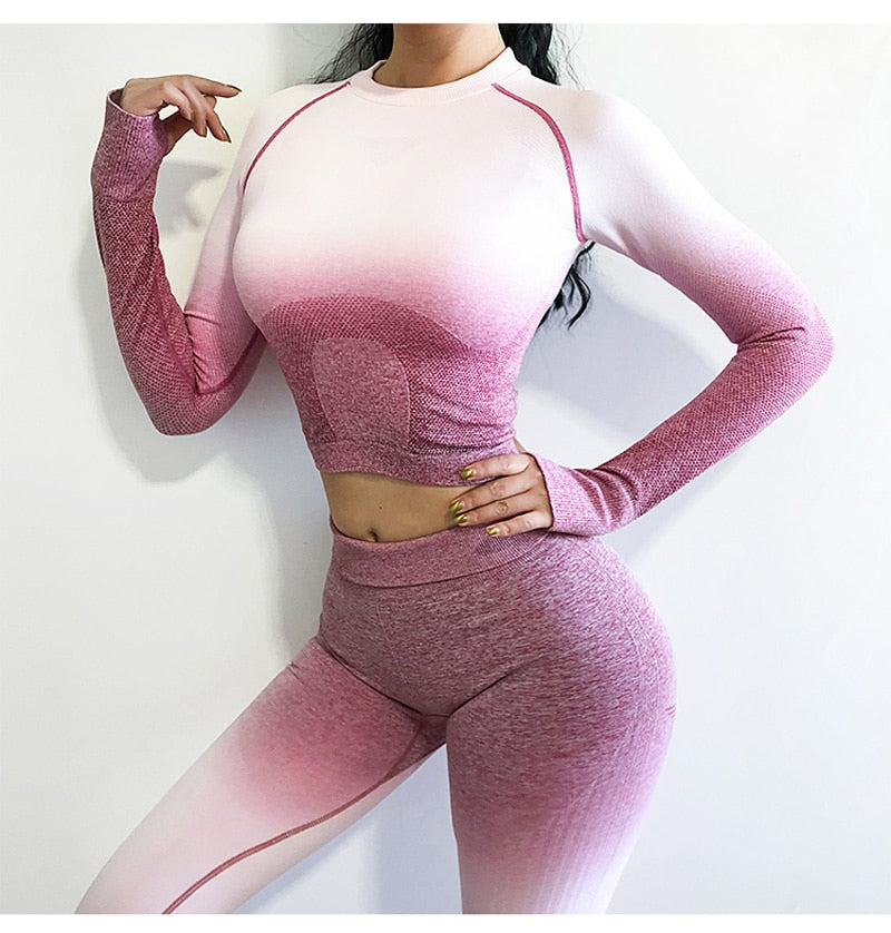 Women Yoga Set Gym Clothing Ombre Seamless Gradient Leggings+Long sleeve Top Workout Sport Suit Women Fitness Set Active Wear-3