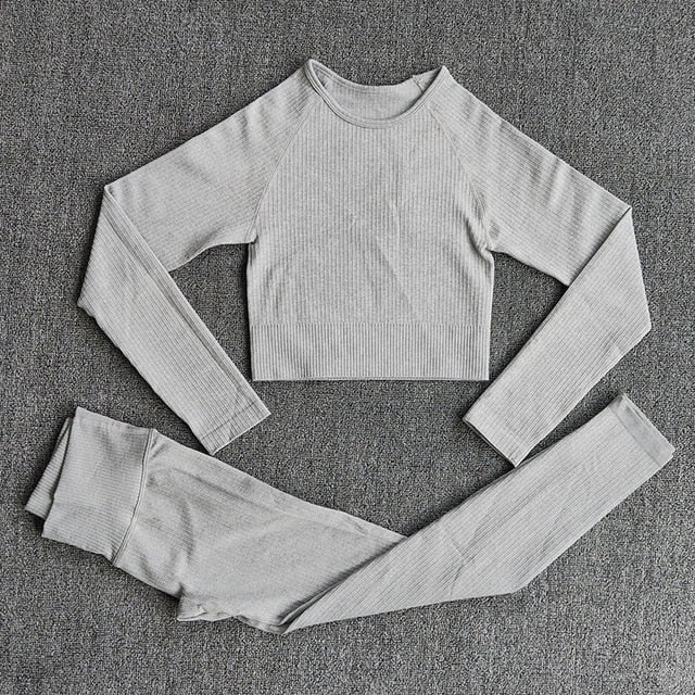 Women&#39;s Sportswear Yoga Set Workout Clothes Athletic Wear Sports Gym Legging Seamless Fitness Bra Crop Top Long Sleeve Yoga Suit-30