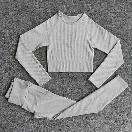 Women&#39;s Sportswear Yoga Set Workout Clothes Athletic Wear Sports Gym Legging Seamless Fitness Bra Crop Top Long Sleeve Yoga Suit-30